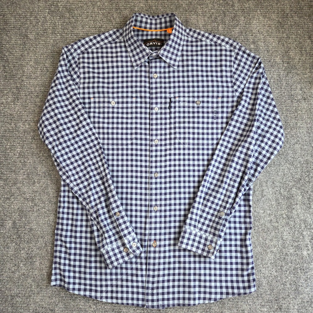Orvis Mens Blue Gingham Button Down Shirt Organic Cotton Blend Size Medium